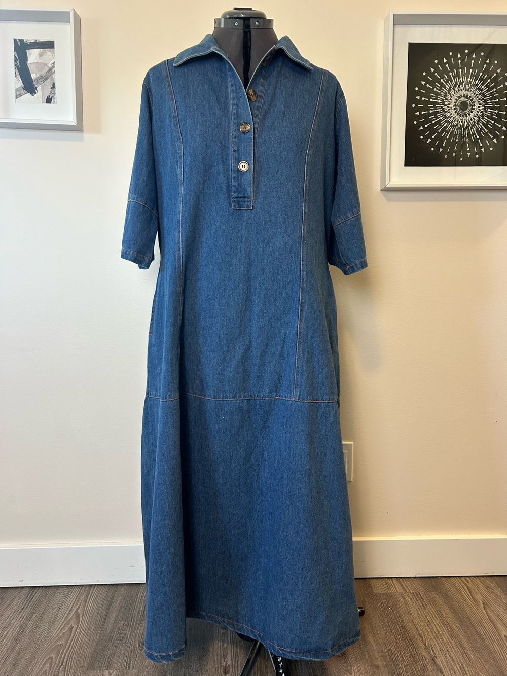 Solitaire Denim Maxi Dress | Vintage Boho Prairie Western Button Front Dress |